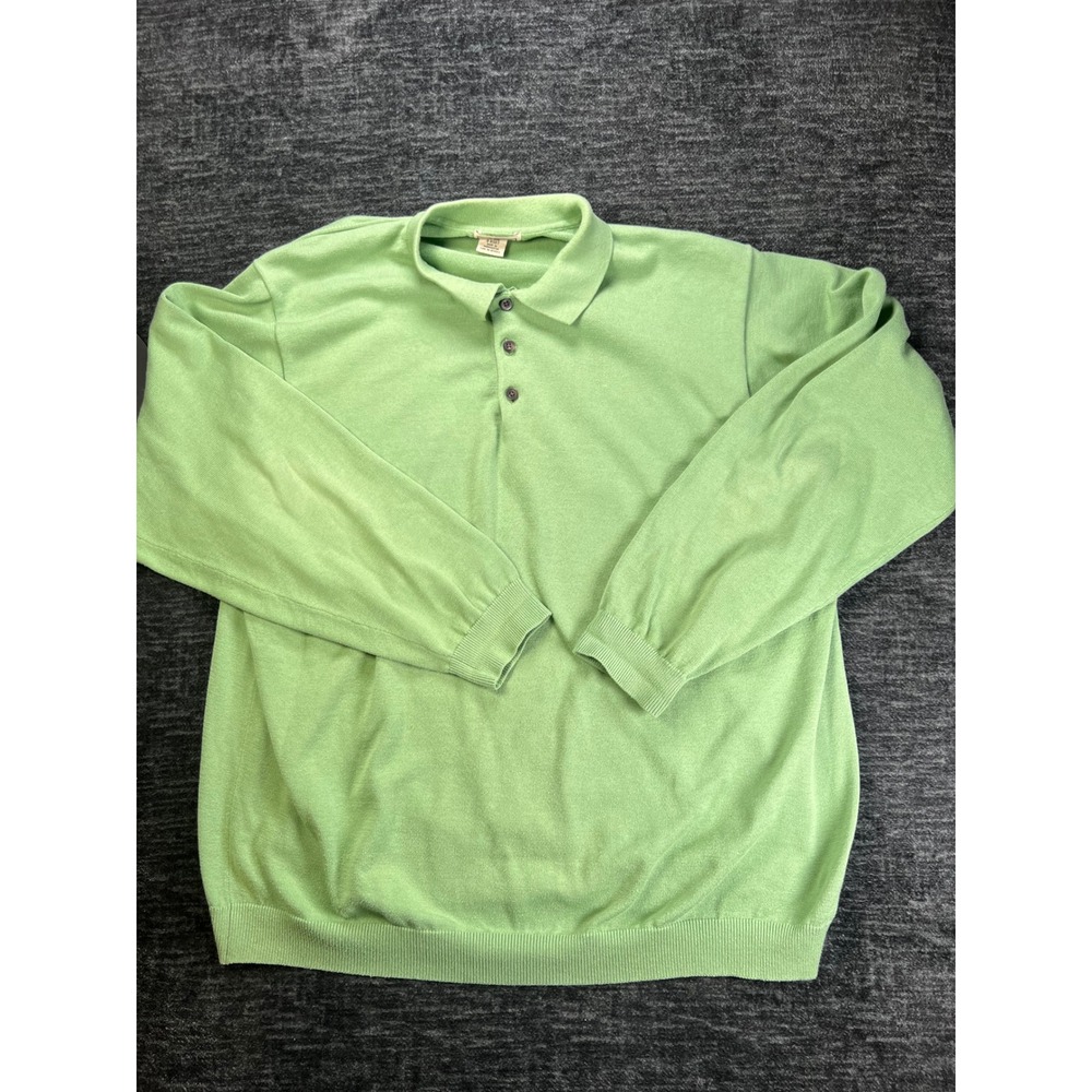 L.L. Bean Polo Sweater Mens XL Green Long Sleeve Cotton Blend 0 ASD7 Fine Knit